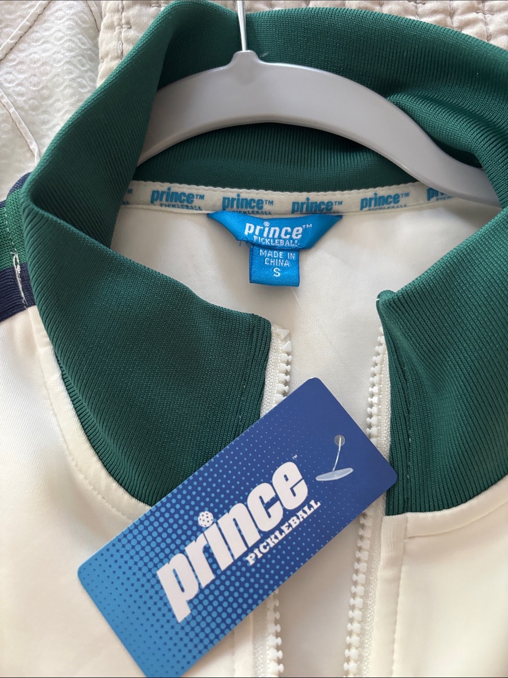 Prince Pickleball Cream Warm-up Jacket with Forest Green/Navy Trim